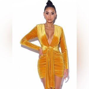 Infinite Love Deep V Velvet Dress with Strap in Gold
